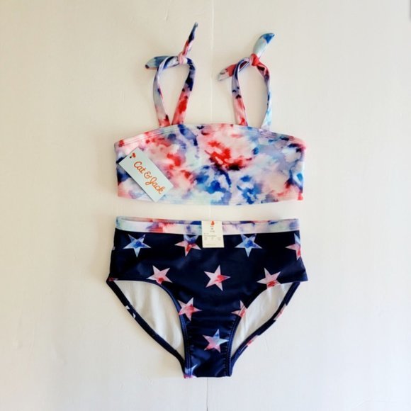 NWT New Cat & Jack Girls XS (4/5) Two Piece Bathing Suit Tie Dye Stars - Picture 1 of 12